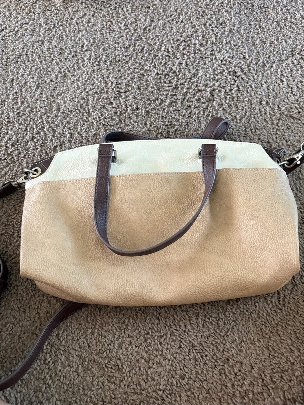 Two-Tone Beige and Cream Tote Bag with Brown Handles